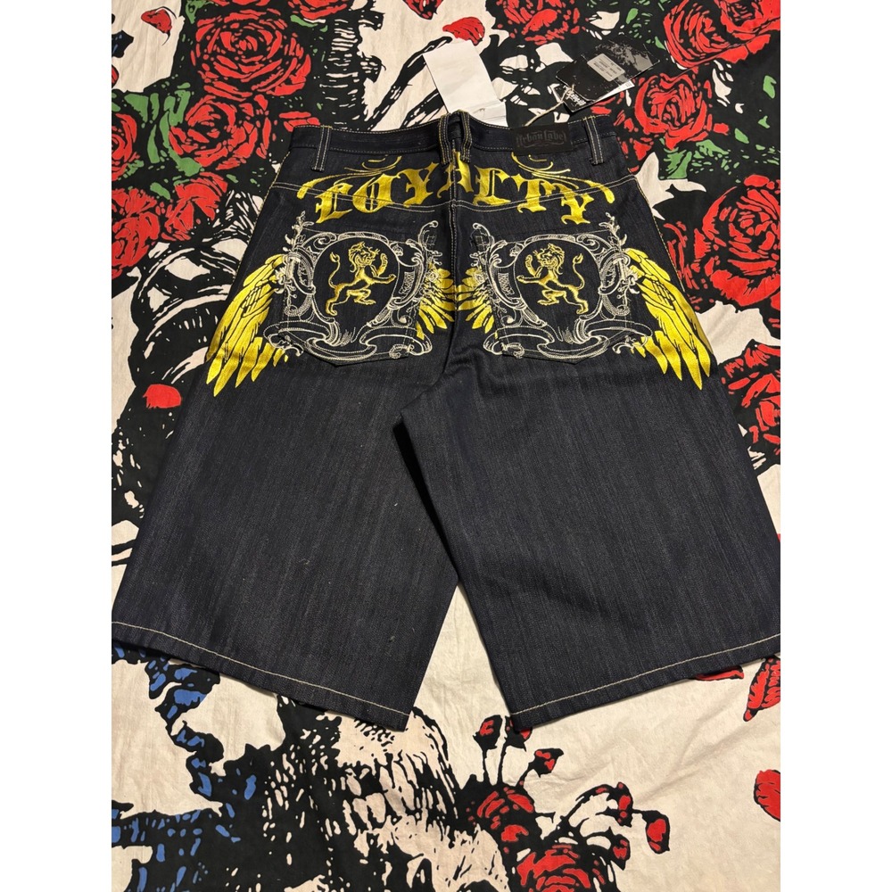 Urban Label Mens Baggy Denim Shorts Indigo Loyalty Lion Wing Embroidered Y2K 34